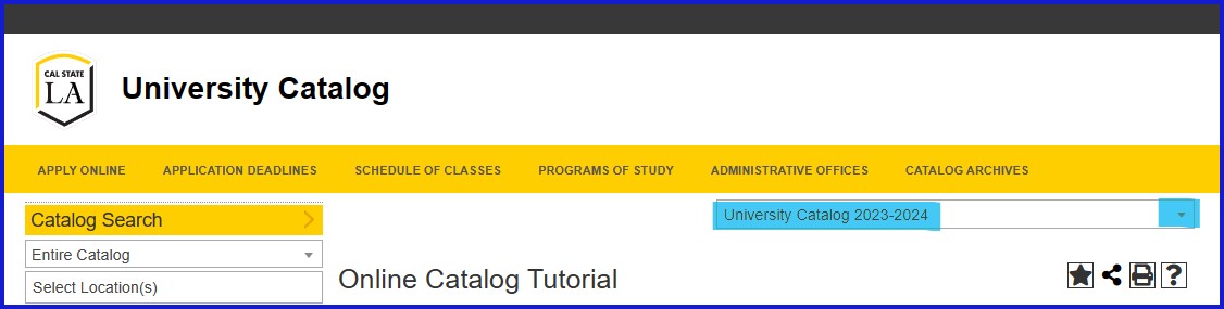 The available options are A-Z Index of All Academic Degrees and Programs, Academic Calendar, Academic Programs, Order Catalog, Catalog Archives, Tuition Fees, Students/Financial Aid, Faculty/Emeriti, Scholarship.